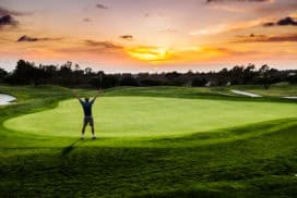 A silhouette of a golfer celebrating a made putt with a sunset. http://blog.michaelsvoboda.com/GolfBanner.jpg