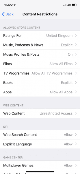 iOS12 - Screen Time - Content Restrictions