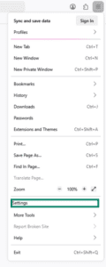 Firefox menu bar with Settings higlighted