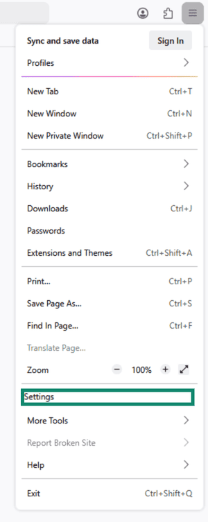 Firefox menu bar with Settings higlighted