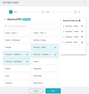 GL.iNet Fortify page for adding a new VPN tunnel, showing a highlighted "Next" button.
