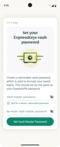 ExpressKeys Android app interface showing the vault password creation screen during initial setup.