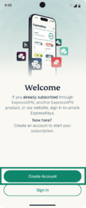 The "Welcome" screen in the ExpressKeys app on Android, with a highlighted "Create Account" button.