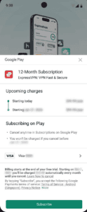 The Google Play subscription confirmation pop-up in the ExpressKeys app on Android.