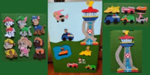 Picture of a DIY felt board covered with Paw Patrol pups and vehicles. There are also picture closeups of Rocky, Zuma, Skye, Rubble, Marshall, Chase, their vehicles, and the lookout.