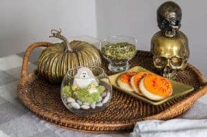 mini terrarium on wicker plate with cookies next to it