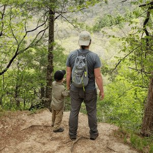 Hiking overlook, father and son hiking