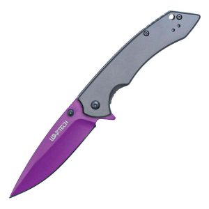 Purple-blade folding knife with a gray handle, positioned diagonally against a white background