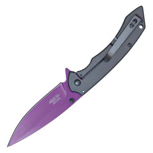 Purple folding pocket knife with a gray handle, blade extended and locked open.