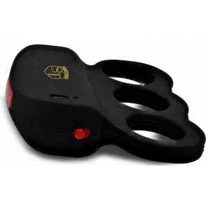 Three-hole black finger-grip strength trainer for hand exercise with red adjustment knobs and a gold logo on top.
