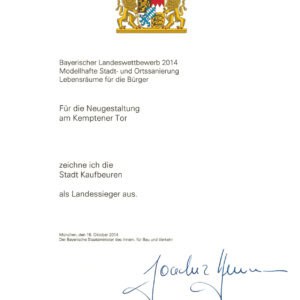 Urkunde: Bayerischer Landeswettbewerb 2014, Kemptener Tor