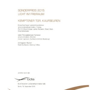 Urkunde: Deutscher Landschaftsarchitekturpreis 2015, Kemptener Tor