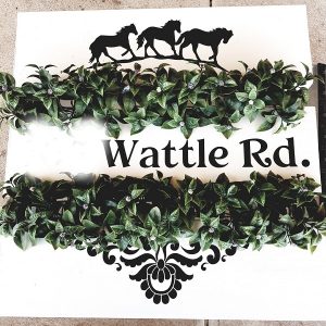 Front house vinyl sign with horses and street name and number. DIY project.