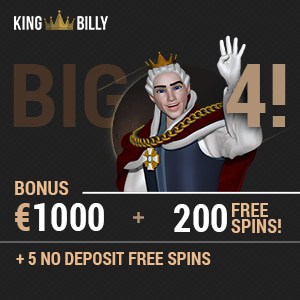 King Billy Casino 5 no deposit free spins + €1000 bonus + 200 gratis spins