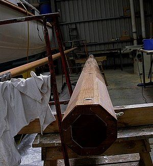 Birdsmouth mast for Fenwick Williams Catboat built in Cedar strip: storerboatplans.com