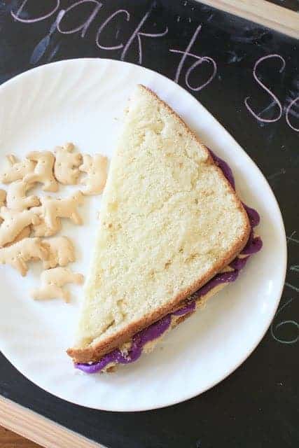 An adorable Peanut Butter and Jelly Sandwich Cake by Munchkin Munchies