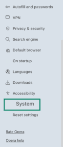 Opera's system option in the Settings menu