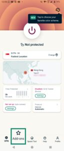 Screenshot of the ExpressVPN mobile app, highlighting the Add-ons tab