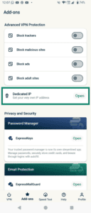 Screenshot of the ExpressVPN mobile app, highlighting Dedicated IP in the Add-ons tab