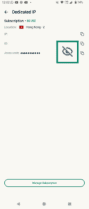 Screenshot of the ExpressVPN mobile app, highlighting the eye icon in the Dedicated IP menu