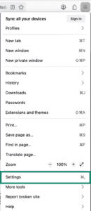 The Settings option in Firefox's main menu