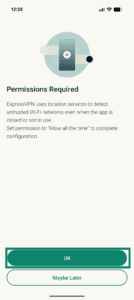 Permissions required screen with OK highlighted