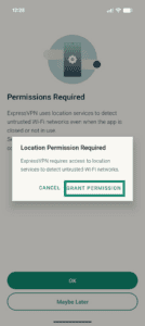 Pop-up window with the option to grant location permission