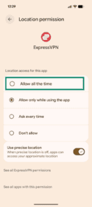 ExpressVPN location menu with the option to allow access all the time