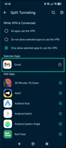 Split tunneling settings on ExpressVPN iOS app.