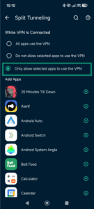 Split tunneling settings on ExpressVPN iOS app.