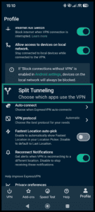 Split tunneling settings on ExpressVPN iOS app.
