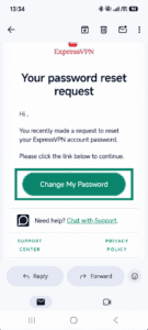 A "Your password reset request" ExpressVPN email with a highlighted "Change My Password" button.