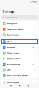 The Settings menu on Android, showing the Wi-Fi option highlighted