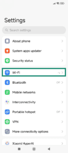 The Settings menu on Android, highlighting the Wi-Fi option.