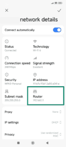 The "Router" field highlighted in Android Wi-Fi settings.