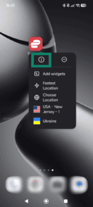 Mobile home screen showing the ExpressVPN app shortcut menu, with the app info icon (the letter 'i' inside a circle) highlighted by a green box.