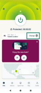 The ExpressVPN Android home screen, highlighting the button to change your server location.