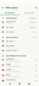 The ExpressVPN Android server location selection screen, showing available server options.
