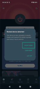 The ExpressVPN Android app displaying a "Rooted device detected" warning pop-up, with options to Accept Risks, Learn More, or Quit App.