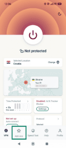 ExpressVPN mobile application interface showing connection status and an interactive map, with the "Add-ons" bottom navigation tab highlighted in a green box.