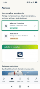 ExpressVPN mobile Add-ons menu showing security and tool suites, with the "Advanced Protection" card highlighted in a green box.