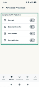 ExpressVPN mobile Advanced Protection settings menu with individual feature toggles, highlighted within a green box.