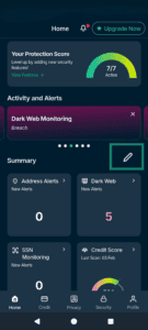 The Identity Defender homepage, highlighting the edit button above widgets.