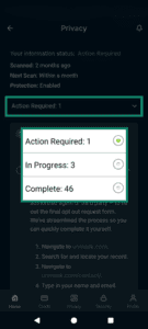 The Identity Defender Privacy tab, highlighting the dropdown menu option and its available tabs.
