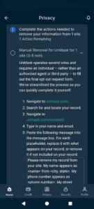 The Identity Defender Privacy tab, showing an entry flagged for manual removal, including the steps to take for removal.