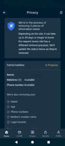 The Identity Defender Privacy tab, showing an automatic removal in process.