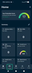 The Identity Defender homepage, highlighting the Credit tab.
