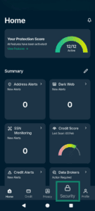 The Identity Defender homepage, highlighting the Security tab on the bottom right.