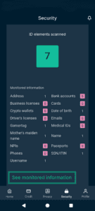 The Identity Defender dashboard, scrolled down to highlight the See monitored information option.