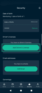The Identity Defender Security tab, highlighting the Add Driver's License button.